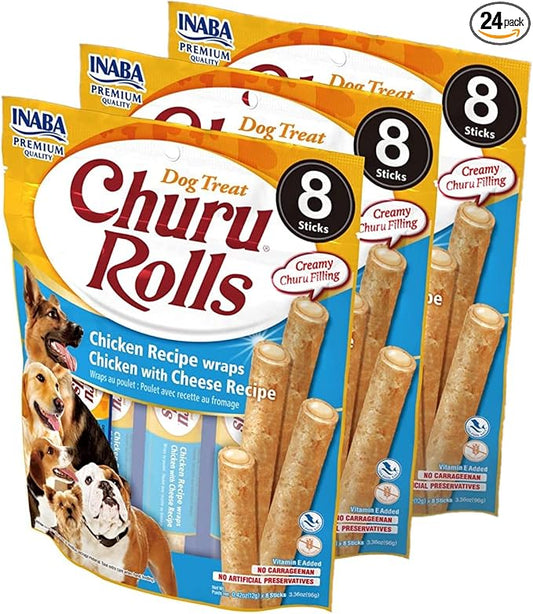 INABA Churu Rolls for Dogs, Grain-Free, Soft/Chewy Baked Chicken Wrapped Churu Filled Dog Treats, 0.42 Ounces Each Stick| 24 Stick Treats Total, Chicken with Cheese Recipe