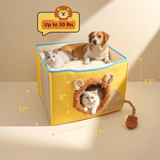 CWV Interactive Cat Toys for Indoor Cats, Kitten Toys with Scratch Pad， Cat Hideaway with Peekaboo Holes, Lion Cat House Cave with Soft Pillow