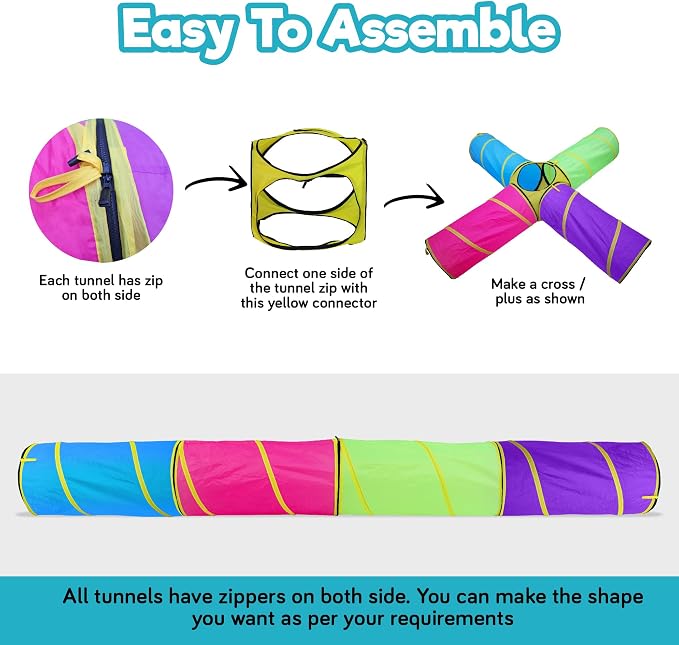 Hide N Side Kids Play Tunnels, Indoor Outdoor Crawl Through Tunnel for Kids Dog Toddler Babies Children, Pop up Tunnel Gift Toy (Multi, 4 Way)