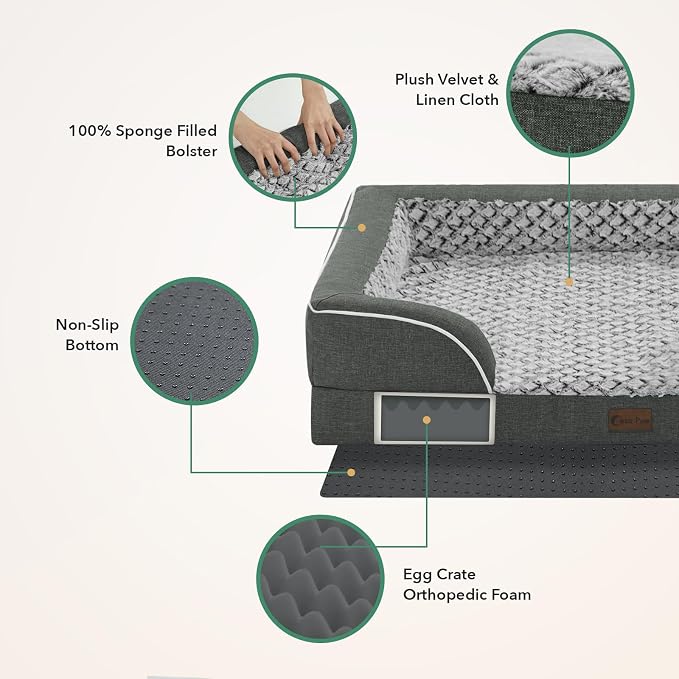 Orthopedic Dog Beds for Extra Large Sized Dogs 48x30 Inch, XL Waterproof Egg Crate Foam Dog Sofa Bed with Removable Washable Cover Big Pet Couch with Bolster & Non-Slip Bottom, Dark Grey