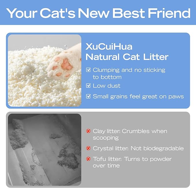 XuCuiHua Natural Cat Litter Unscented, 100% Plant-Based, Strong Clumping Litter, Easy Scooping, Clumps Lift Cleanly, Chemical-Free, Low Dust, Corn & Cassava Litter, 5.5 LB
