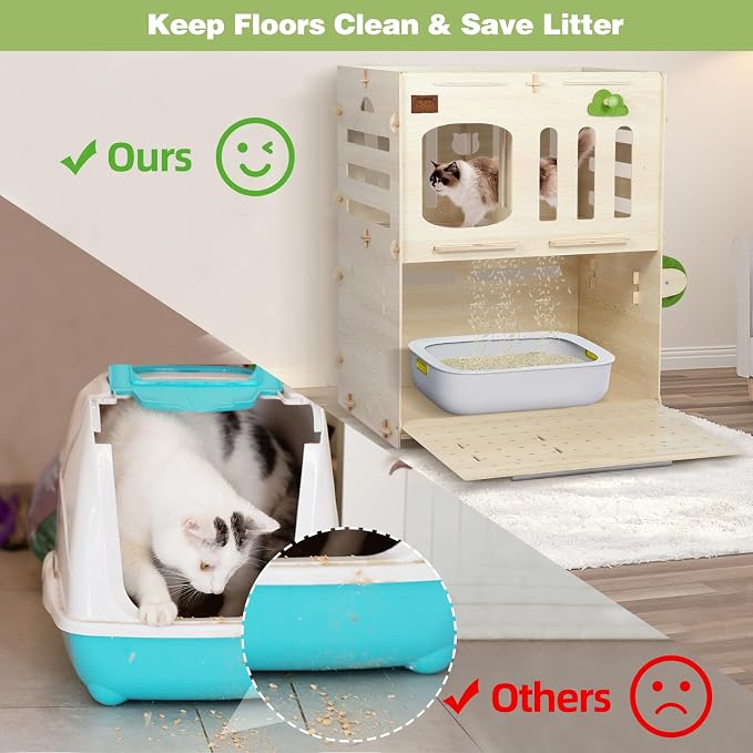 Cat Litter Box Enclosure Furniture with L-Shaped Anti-Tracking Exit, Litter Control Cabinet Captures Litter from Paws & Guides It Back into the Box, Fits Boxes up to 23.6" x 15.8" x 8", Birch Plywood