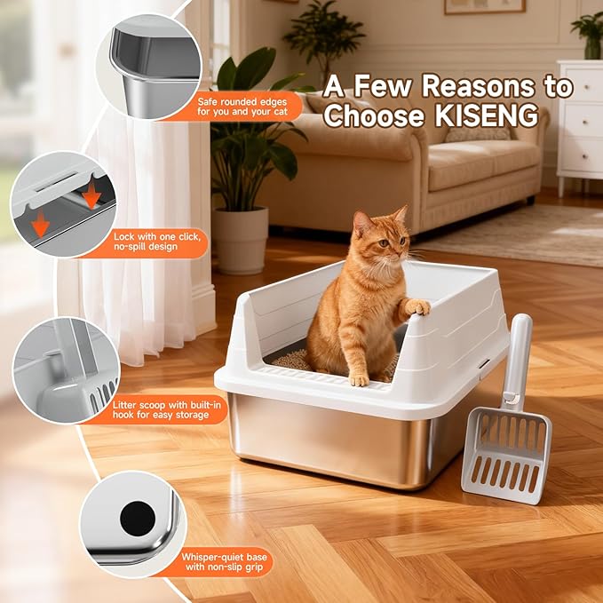 Stainless Steel Cat Litter Box for Small Cats, Odor Free Metal Litter Box with High Sides Lid, Open Top Low Entry Litter Pan Include Scoop Easy Cleaning Kitty Cat Box Anti-Urine Leakage, Non-Sticky