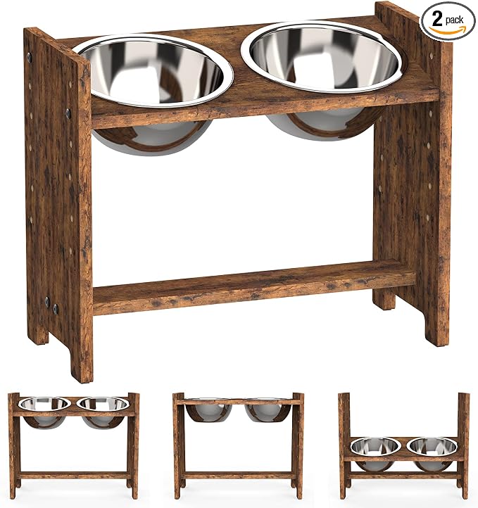 Vantic Elevated Dog Bowls, Adjustable Raised Dog Bowl Stand for Large and XLarge Pet, Sturdy Particle Board Food Feeder with 2 Stainless Steel Dishes, Rustic Brown