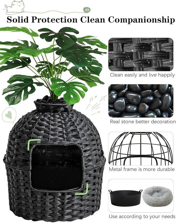 SETVSON Cat Litter Box Plant Furniture Enclosure, Hidden Handwoven Rattan with Cat Litter Box and Artificial Plants, Odor Control Filter, Real Stones in Living Room, Bedroom, Corner (Black)
