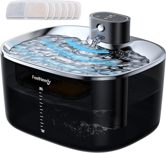 FEELNEEDY Wireless Cat Water Fountain, No Pump for Easy Cleaning, 4000mAh Detachable & Rechargeable Battery, Motion Sensor with Low Water & Power Alerts - Includes 6 Filters (4L/135oz)