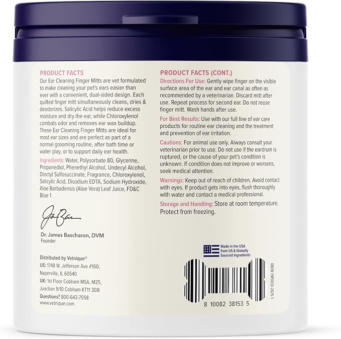 Vetnique Oticbliss Dog Ear Wipes, Cat & Dog Finger Mitt Ear Cleaner, Cleaning & Deodorizing Wipes for Dogs, Cats & Puppies, Remove Ear Wax, Dirt & Odor, Aloe for Itchy Ears (Fingermitt Wipes)