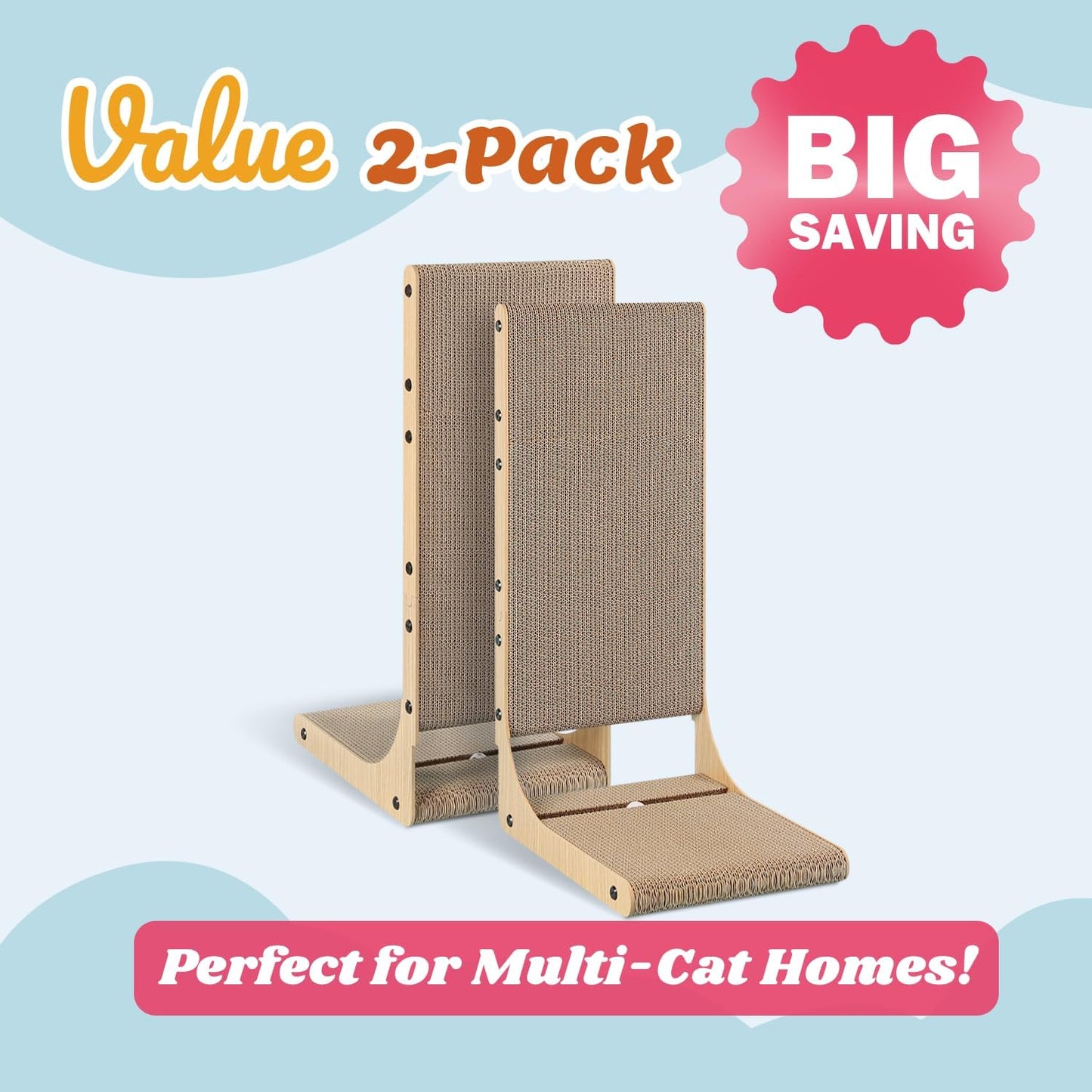 2-Pack Cat Scratching Board, 25.6'' Tall Cardboard L Shape Vertical Cat Scratchers for Indoor Cats, Cat Scratching Post for Wall and Couch, Large