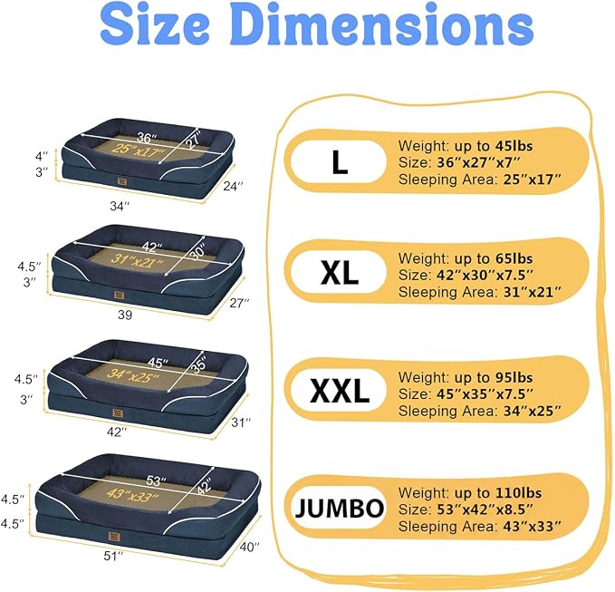 Chez Paw XXL Orthopedic Dog Bed for Extra Large Dogs, Extra Thick Egg-Crate Foam Waterproof Pet Couch with Removable Washable Cover, 4-Sided Bolster & Non-Slip Bottom, Navy 45"x35"x7.5"