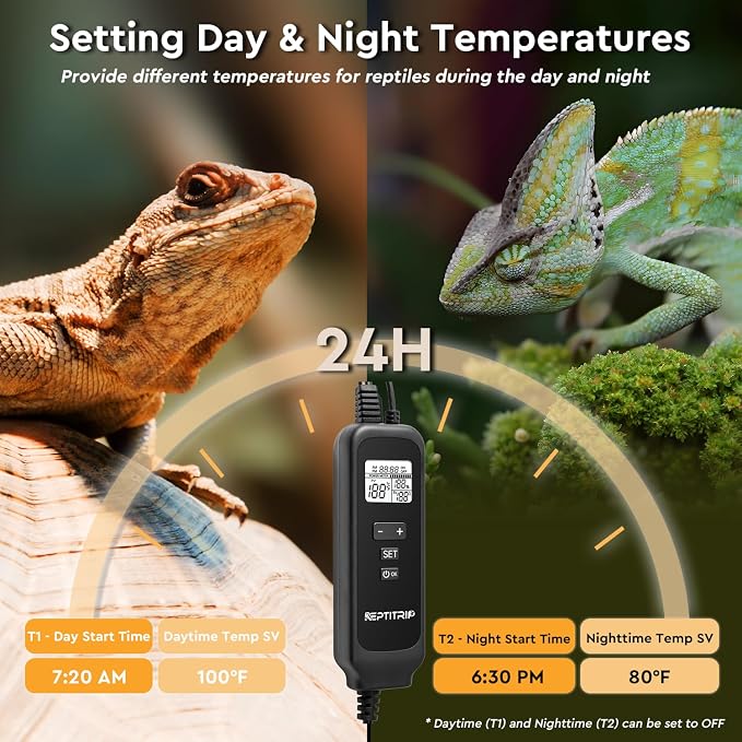 REPTITRIP 8.5" Reptile Heat Lamp Fixture with PID Dimming Thermostat, Independent Day Night Temperature Control, MAX 150W (Bulb Not Included)