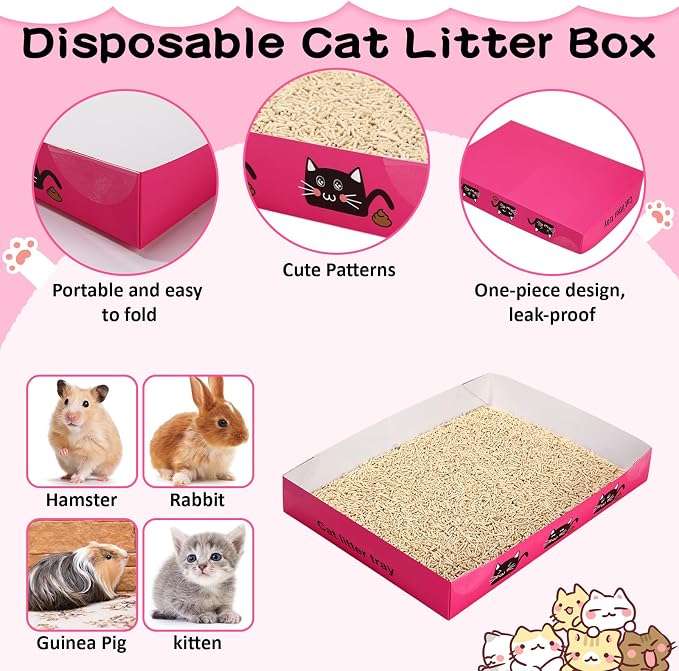 Amyhill 30 Pack Disposable Cat Litter Box 13.8x10x2in Foldable Paper Kitty Trays Bulk Portable Water Proof Cardboard Boxes for Cats Rabbits Guinea Pig Hamster Pets Travel Indoor Supplies(Rose Red)