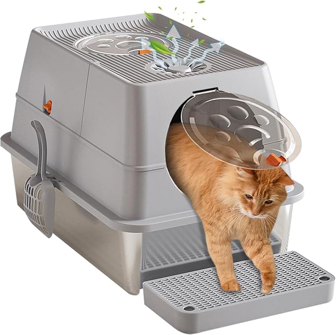 FAMILY'S BACKYARD Cat Litter Box Stainless Steel,Kitty Litter Box,Fully Enclosed Stainless Steel XL Large Cat Litterbox with lid, Built-in Deodorizer, Built-in Cat Litter Scoop, Easy to Clean