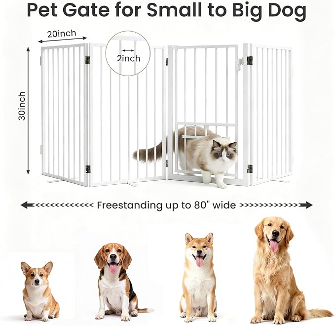 Metal Freestanding Dog Gate with Cat Door for Outdoor & Indoor,80" Extra Wide Foldable Pet Fence,30" Tall Dog Gate for RV Camping,Stairs,Hallways,Doorways,Deck,Yard,with 3PCS Support (4 Panels,White)