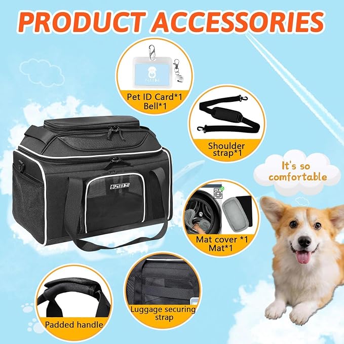Petskd Top-Expandable Pet Carrier 17x12x8.5 Inches JetBlue Allegiant Spirit Airline Approved, Soft-Sided Carrier for Small Cats and Dogs with Locking Safety Zippers and Anti-Scratch Mesh(Black)