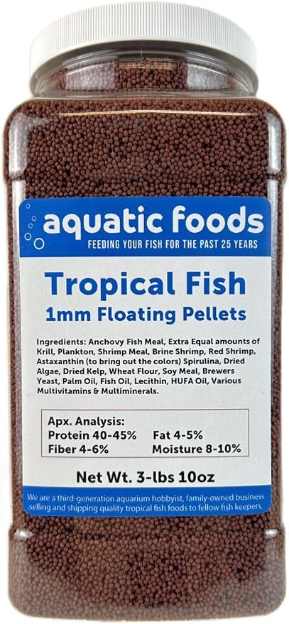 Tropical Fish 1mm - 1/32" Floating 40% Protein Pellets for Discus, Cichlids, Bettas, Guppies, Tetras, Live Bearers, Baby Koi, Smaller Tropical and Pond Fish...WL 3-lbs 10oz Lg Jar