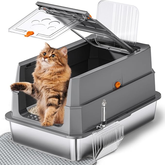 Stainless Steel Litter Box with lid,165° Flip-Top Large Enclosed Cat Litter Box with Metal Litter Scoop & Cat Litter Mat.Non-Sticky, Non-Odor, Easy Cleaning-Dark Grey