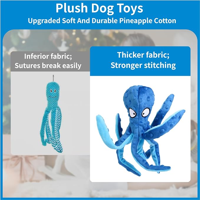 Plush Octopus Dog Toy with Squeaker, No Stuffing for Safety, Soft and Durable Dual-Layer Fabric, Suitable for Small to Large Dogs (Blue)