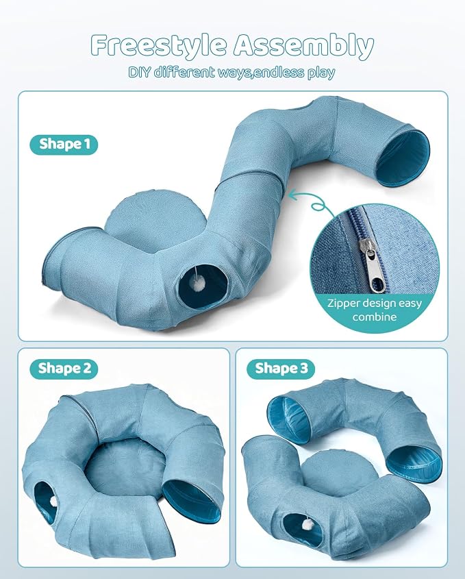 Odoland Linen Cat Tunnels with Central Cat Bed, Interactive Cat Toys Detachable Washable Soft Mat Large Indoor Play Tunnel Cave for Kittens, Cats and Small Animals