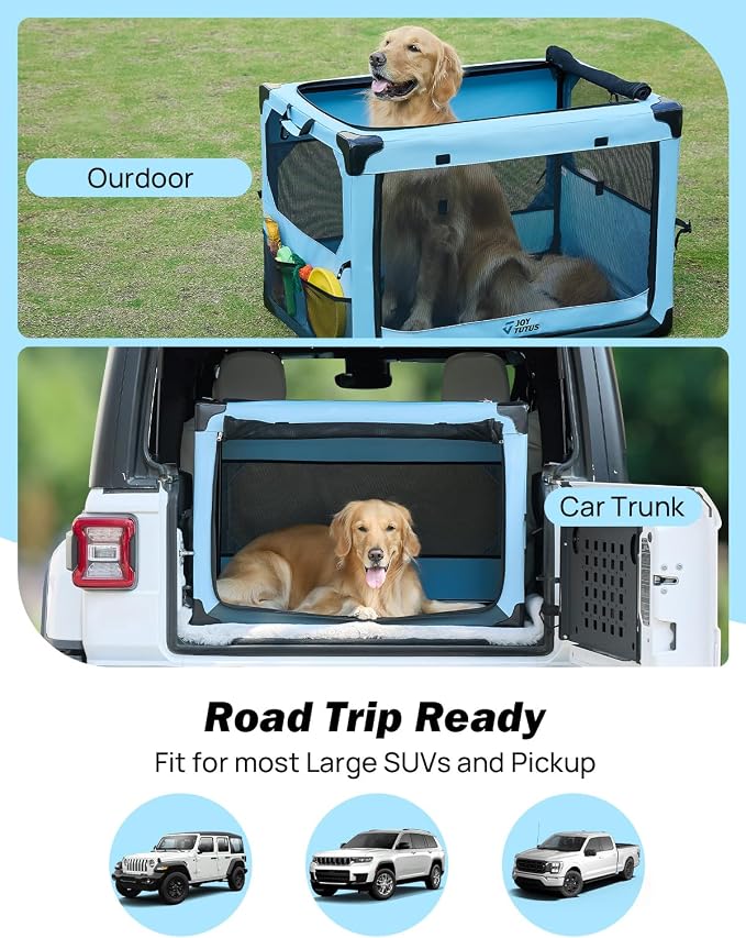 JOYTUTUS 38 Inch Collapsible Dog Crate, Steel Frame 8-Bar Foldable Soft Kennel, Portable Travel Crate for Large Dog Up to 70lbs, Oxford Cat Carrier Fit for Car Travel Indoor Outdoor