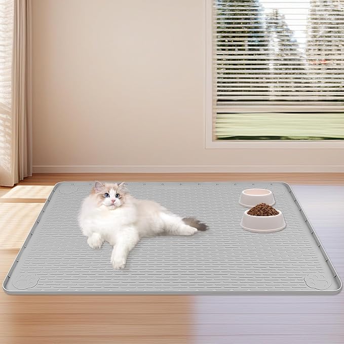 Dog Food Mat, Extra Large 40" x 40" Silicone Pet Feeding Mat with Raised Edge Pet Placemat for Small, Medium, and Large Pets Non-Slip, Easy to Clean (Light Grey)