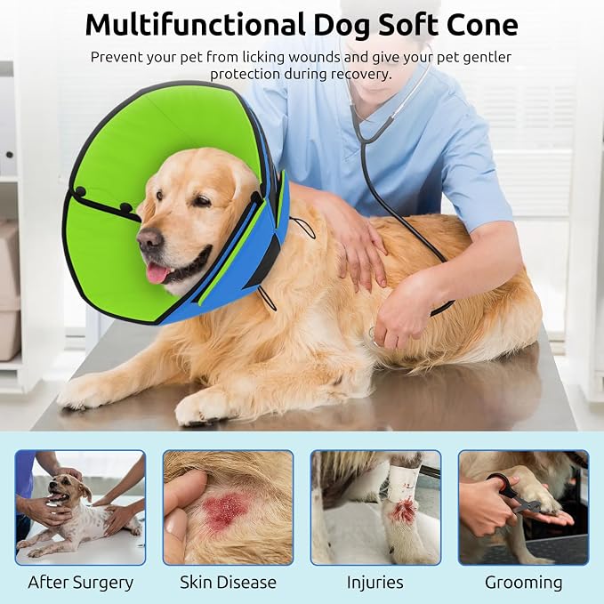 Queenmore Dog Cones for Medium Dogs, Soft Dog Cone Collar After Surgery, Pet Cone for Dogs Wound Care, Spay, Neuter, Breathable Pet Surgery Collars & Cones, Blue&Green M