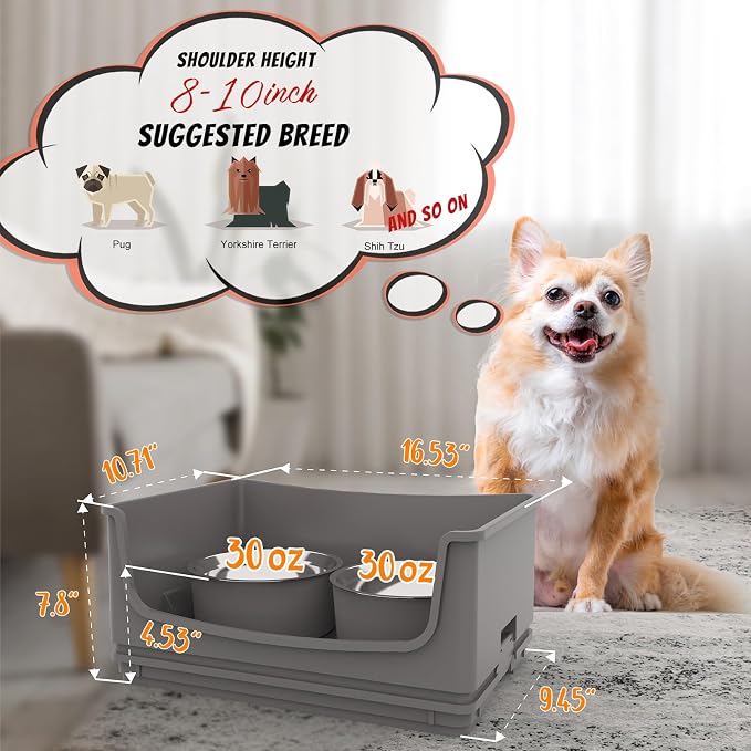 Elevated Dog Bowl Stand Set,Quiet Eating Mess Proof Raised Dog Bowls 2 Stainless Steel Food Bowls,Splash Water Collection Non-Slip Small Cat Feeding Table
