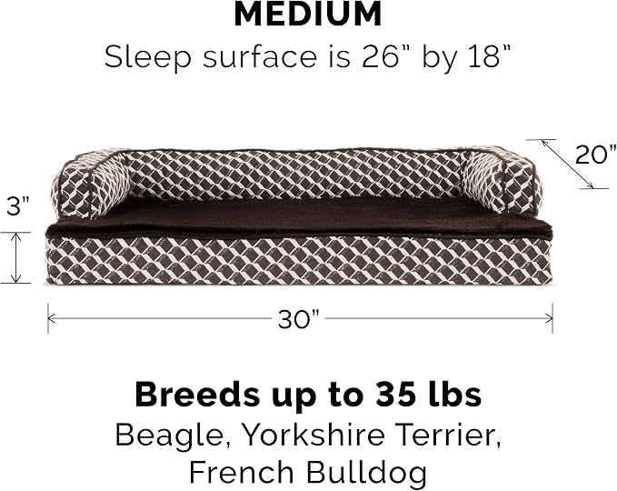 Furhaven Orthopedic Dog Bed for Medium/Small Dogs w/ Removable Bolsters & Washable Cover, For Dogs Up to 35 lbs - Plush & Woven Decor Comfy Couch Sofa - Diamond Brown, Medium