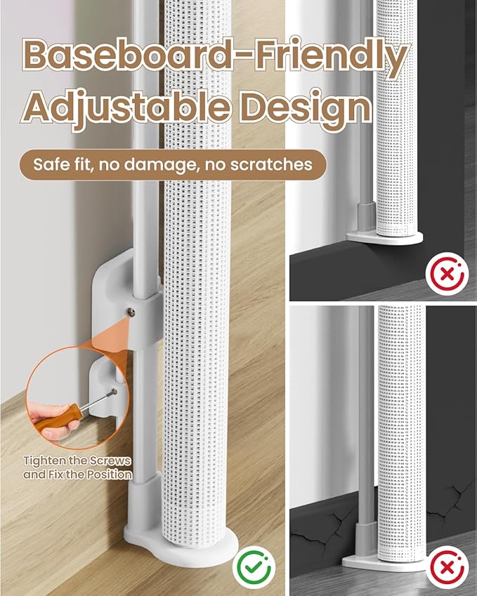 Retractable Baby Gate, 55" Wide Reinforced Mesh Baby Gate with 4 Fiberglass Support Rods for a Tighter Fit, 34" Tall Retractable Dog Gate for Stairways, Hallways and Doorways, White