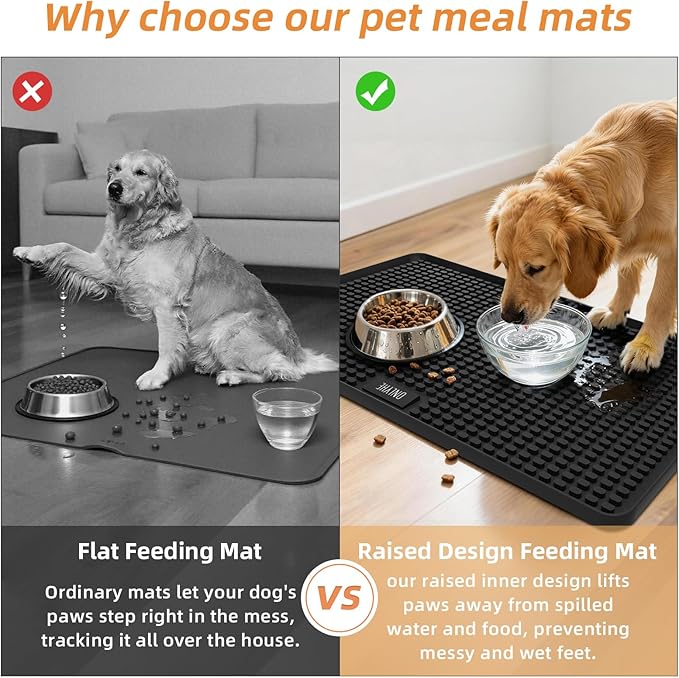 Dog Food Mat, 26"x13" Silicone Dog Feeding Mat Waterproof Pet Feeding Mat with High Lips & Raised Texture Keeps Paws Dry, Non-Slip Easy to Clean, Prevent Spill Protect Floors, Black