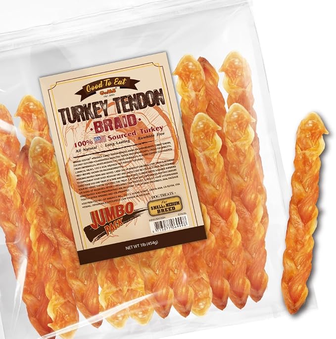 Gootoe Turkey Tendons for Dogs –All-Natural, Hypoallergenic Dog Treats, Rawhide Alternative, Long Lasting Puppy Chews, Healthy Dog Treats for Medium Breeds, Braid (M), 1 lb