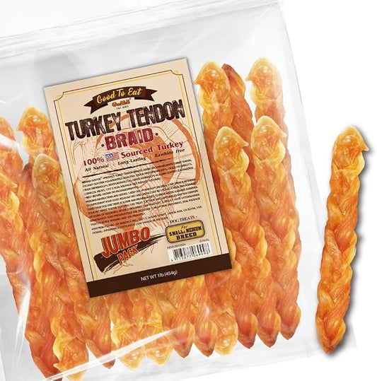Gootoe Turkey Tendons for Dogs –All-Natural, Hypoallergenic Dog Treats, Rawhide Alternative, Long Lasting Puppy Chews, Healthy Dog Treats for Medium Breeds, Braid (M), 1 lb