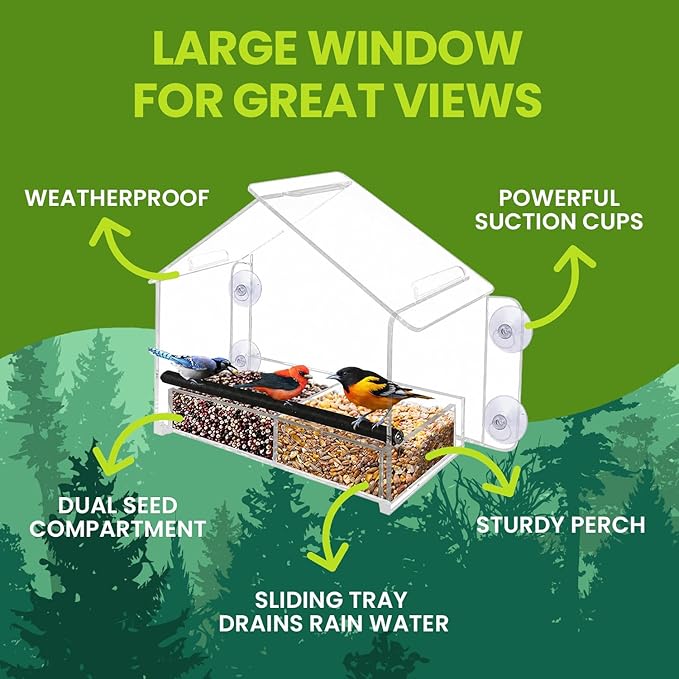 Nature Gear Window Bird Feeder with Strong Suction Cups, Clear Acrylic Window Mounted Bird Feeder, Removable Sliding Tray, Weather-Resistant, Durable, Squirrel-Resistant, Home Style