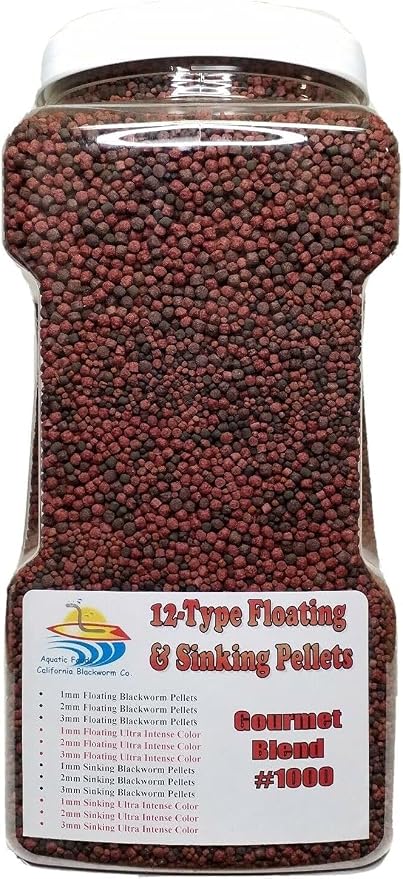12-Type Floating/Sinking Blackworm & Intense Coloring Pellets of Mixed of 1mm, 2mm, 3mm for All Tropical Fish Premium Tropical Fish Pellet Foods. GB-1000 4.5-lb-Jar