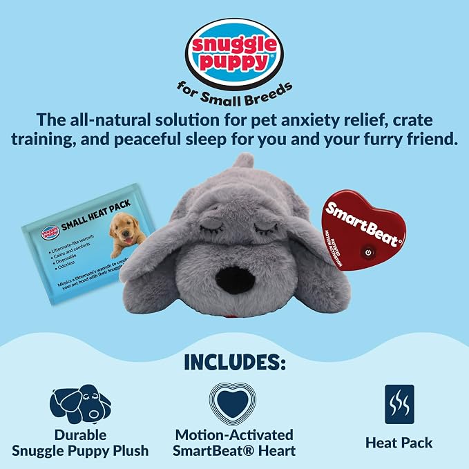 Snuggle Puppy Junior, Heartbeat Puppy Toy for Small Breeds, Smaller Plush Dog Toy with Real-Feel Pulse, Designed for Crate Use and Early Routines - Gray