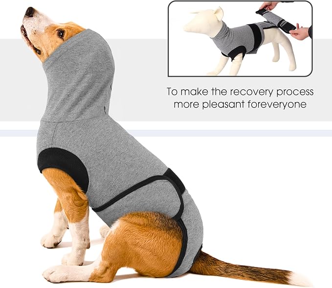 Queenmore Dog Recovery Suit, Soft Dog Surgery Suit for Female Male Dogs,Comfy Pet Surgery Recovery Shirt,Anxiety Relief Calming Vest with Ear Muffs,Grey,XS