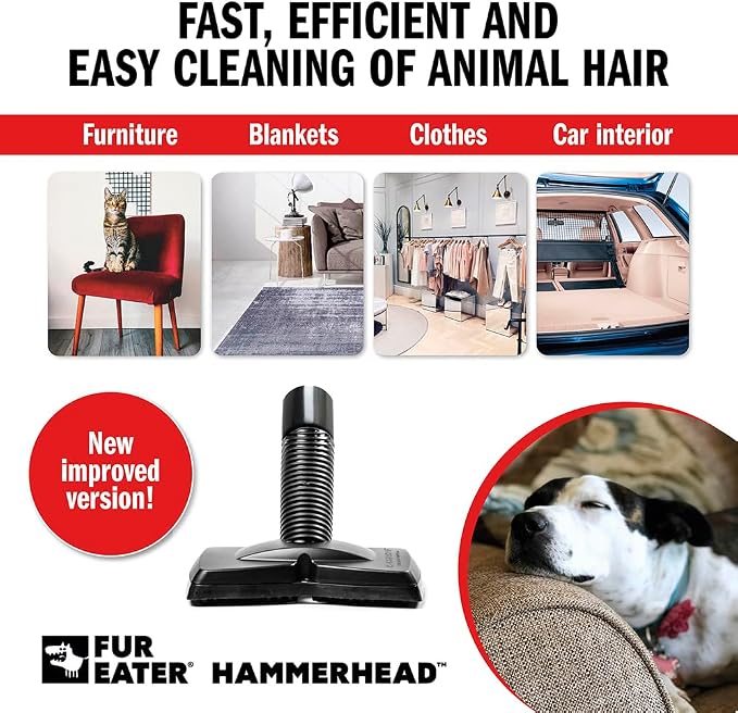 Hammerhead Pet Hair Remover Vacuum Attachment, Wide Rubber Brush for Dog & Cat Hair, Fits 1-1/4, 1-3/8 & 1-1/2 in Round Hoses, for Couch, Car, Carpet & Upholstery