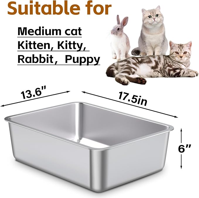Stainless Steel Litter Box, Metal Litter Box, Cat Litterbox for Kitten, Kitty, Rabbit, 6" High Side Cats Litter Boxes, Cat LitterBox, No Smell, Non Stick, Easy to Clean