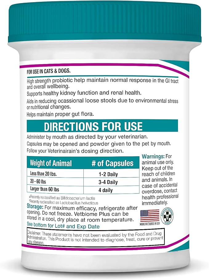 Vetbiome +® Plus High Strength Probiotics for Pets (40 Capsules) - 120 Billion CFU, 9 - Strain Formula – Third Party Tested - Made in U.S.A