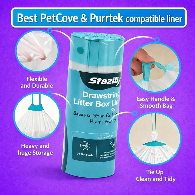 50 Count Cat Litter Liners - Compatible with Petcove & Purrtek Litter Boxes – Heavy Duty, Leak-Proof