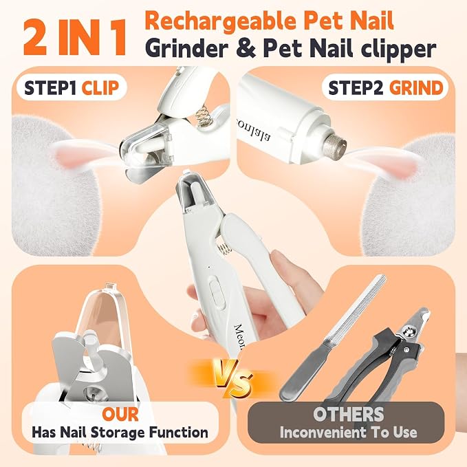Dog Nail Clippers with Light and Dog Nail Grinder Quiet, Dog Nail Trimmers | 2-in-1 Pet Nail Grinder for Dogs with Guard, Cat Nail Trimmer, Cat Nail Clipper, Dog Nail File, Silent Groom Pro Nail Grinder