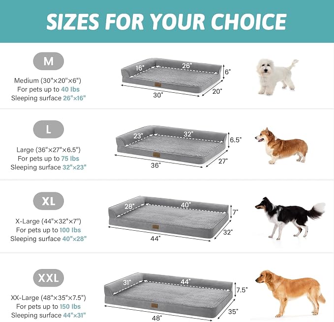 COZY KISS Orthopedic Dog Bed for Large Medium Size Dog, Dogs Crate Bed, L Shaped Foam Anti-Slip Bottom Pet Cat Sofa with Washable Removable Cover, Suitable for Pet Up to 75 lbs, 36x27x6.5 inch, Grey