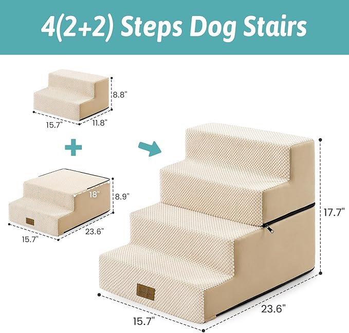 COZY KISS Dog Stairs for Small Dogs, 4 Tier Removable Pet Stairs for Couch and Bed, 17.7" H Dog Steps for Old Cats, Puppy, Small Dogs, 15.7x23.6x17.7 inch, Beige