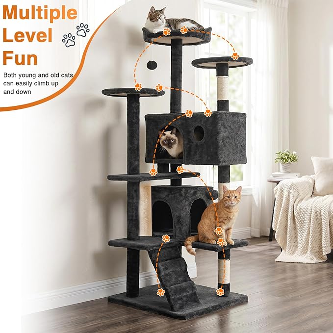 FDW | 54" Cat Tree Tower | Dark Gray | Multi-Level Indoor Activity Center with Sisal Scratching Posts, Condos, Plush Perches, Hanging Cat Toys | Sturdy, Easy to Assemble | for Kittens & Adult Cats