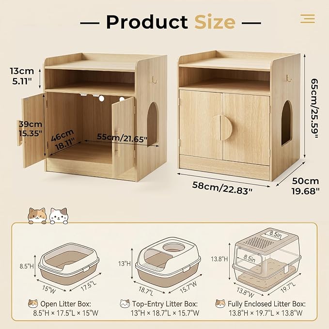 Cat Litter Box Enclosure with Pull-Out Drawer, Hidden Cat House Furniture with Storage Shelf & Cat Door, Indoor Kitty Washroom Cabinet with Litter Scoop Holder, Natural Wood