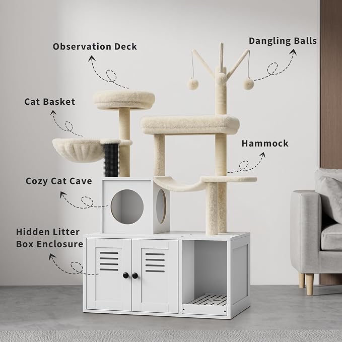 Garvee 55-Inch Litter Box Enclosure with Cat Tree, 2-in-1 Modern Large Cat Tower for Indoor Cats with Condo/Hammock/Scratching Post/Plush Perch/Caves, Wooden Hidden Litter Box Furniture, White