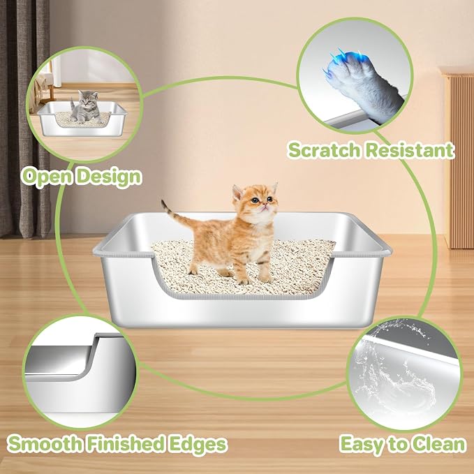 2-Pack Low Entry Litter Box for Senior Disabled & Injured Cats, Stainless Steel High Sided Enclosed Easy Step in Entry-Metal Kitty Litter Box for Kittens, Odor Control (17.7"x13.8"x5.9")