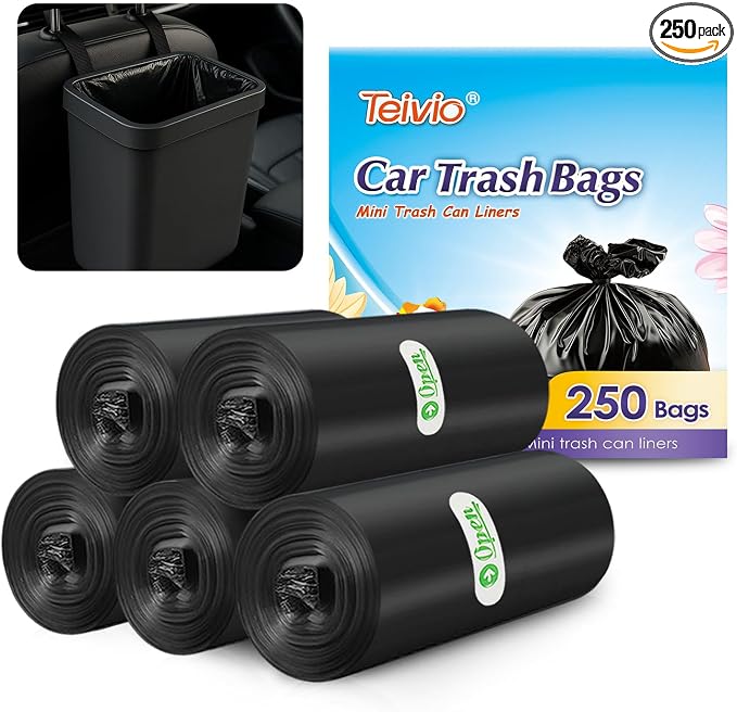 Teivio Black Trash Bags for Mini Car Trash Can, 250 Count 0.5 Gallon Portable Small Disposable Car Garbage Bags,Cars Accessories, Plastic Desktop Trash Bin Liners for Cars/Home/Office/Dog/Poop