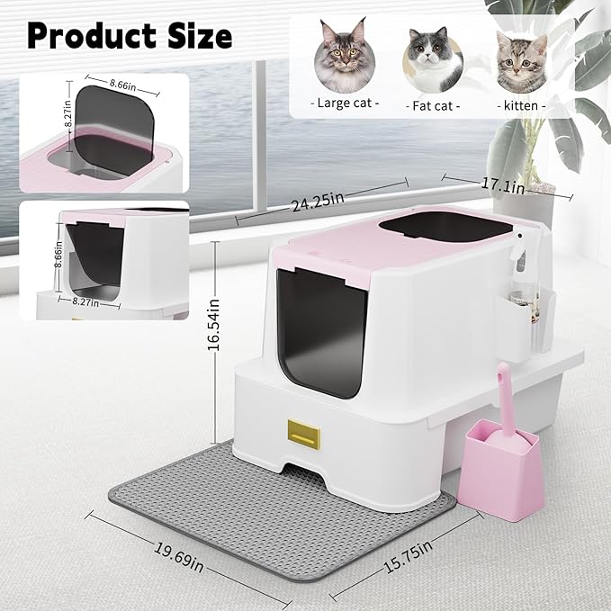 RIZZARI Pink Stainless Steel Cat Litter Box with Lid, Hidden Top Entry Kitty Litter Box with Drawer, Modern Covered Litter Box for Indoor Cats, Large Cats, Apartments & Bedrooms
