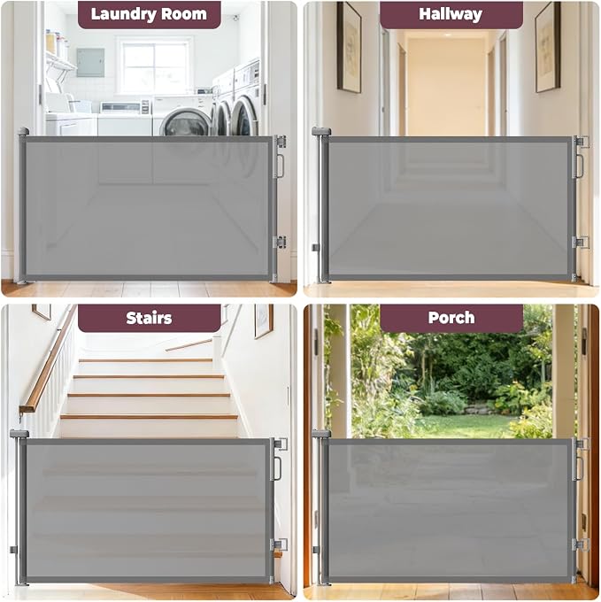2Pack Retractable Baby Gates for Stairs, 58" Extra Wide Mesh Dog Gate for Doorways, Child Gate for Toddler Pet, Indoor and Outdoor Use, Easy Install, 34" Height, Gray