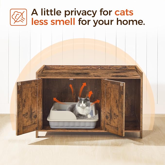 MAHANCRIS Cat Litter Box Enclosure, Hidden Litter Box Furniture with Divider, Indoor Cats House, Wooden Cat Washroom Storage Cabinet Bench, Side End Table Nightstand, Rustic Brown CWHR2501Z